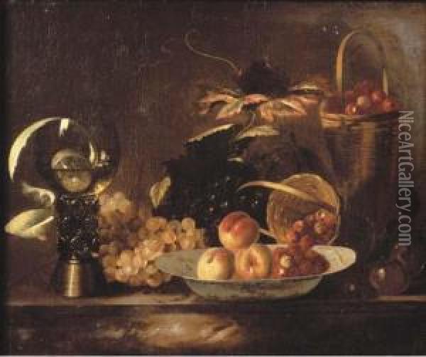 Peaches And Raspberries On A 
Dish, With Grapes, A Roemer, Apartly-peeled Lemon And A Basket On A 
Marble Ledge Oil Painting - Barend or Bernardus van der Meer