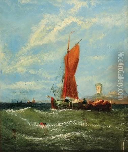 Coastal Boating Scene With Lighthouse Oil Painting - William Calcott Knell