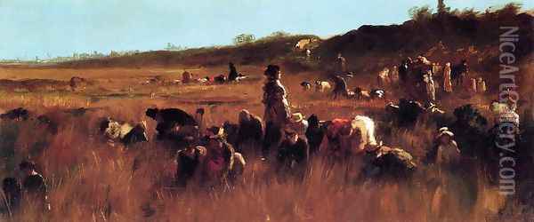 Cranberry Pickers, Nantucket Oil Painting - Eastman Johnson