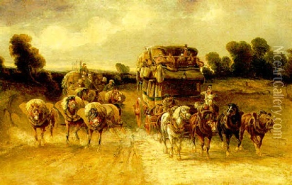 A French Diligence Passing A Farm Wagon Oil Painting - Charles Cooper Henderson