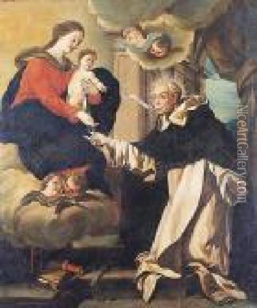 La Virgen Entregando El Rosario A San Juan De Mata Oil Painting - Agiselo Antonio Don Palomino De Castro Y Velasco