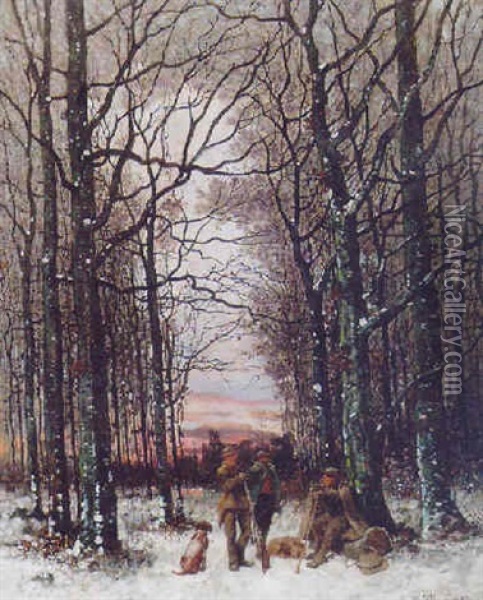 Huntsmen With Their Dogs In A Wooded Winter Landscape Oil Painting - August (Gerhard A.) Schneider
