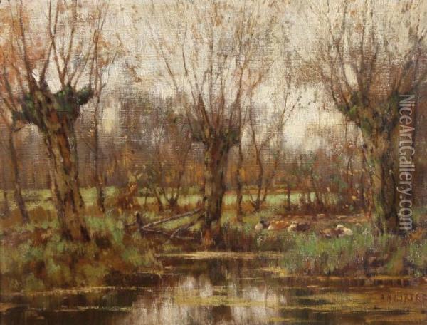 Vieuw On A Smallstream With Resting Cows Near Vorden Oil Painting - Arnold Marc Gorter