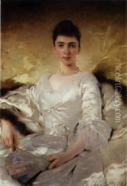 Portrait Of An Elegant Lady, Wearing A White Satin Dress Oil Painting - Charles Joshua Chaplin