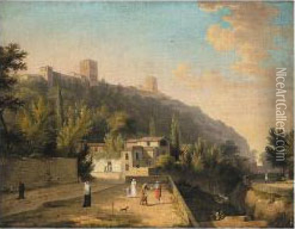A View Of Granada With A Waterseller And Other Figures Oil Painting - Jules Cesar Denis van Loo