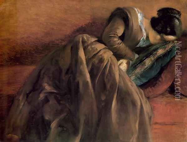 Sister Emily Sleeping c. 1848 Oil Painting - Adolph von Menzel