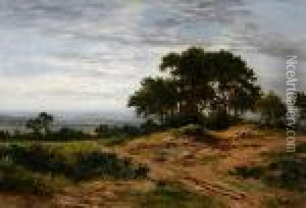 Heathland Landscape With Figures Seated Bytrees Oil Painting - Daniel Sherrin