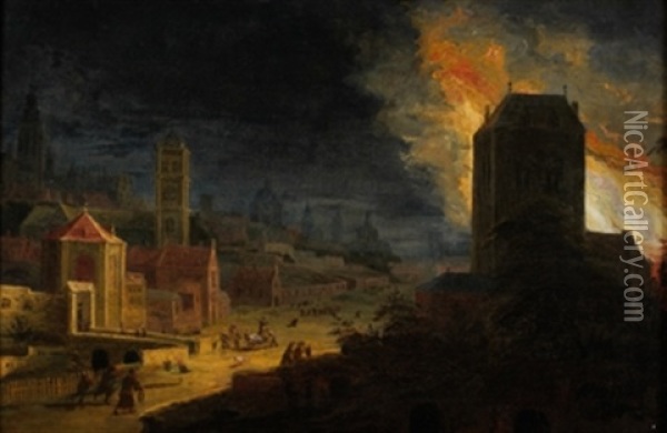 Incendio Nocturno En Una Ciudad Oil Painting - Daniel van Heil