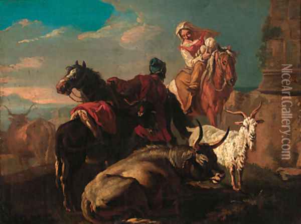 Drovers with a donkey, goat and cattle in an Italianate landscape Oil Painting - Philipp Peter Roos