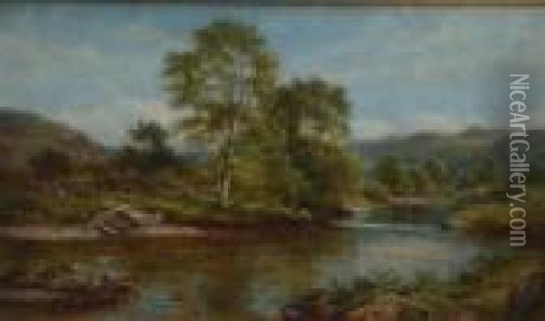 River Landscape With Hills Rising In Background And Figure On Far Bank Oil Painting - William Henry Mander
