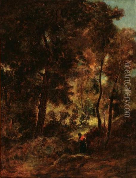 Barbizon Landscape With Peasant Gathering Wood Oil Painting - Narcisse-Virgile D Az De La Pena