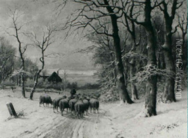 A Shepherd And His Flock In The Snow Oil Painting - Adriaan Marinus Geyp