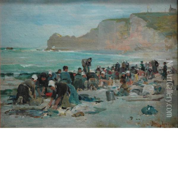 Washerwomen On The Beach, Etretat Oil Painting - Henry Bacon