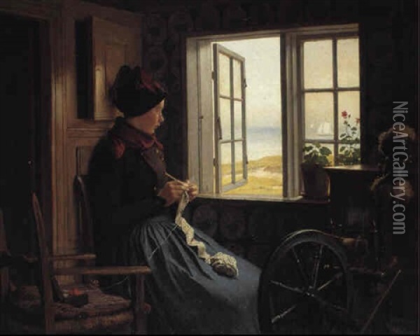 En Pige Med Sit Haeklet+j Ved Et +bentst+ende Vindue Oil Painting - Johann Julius Exner