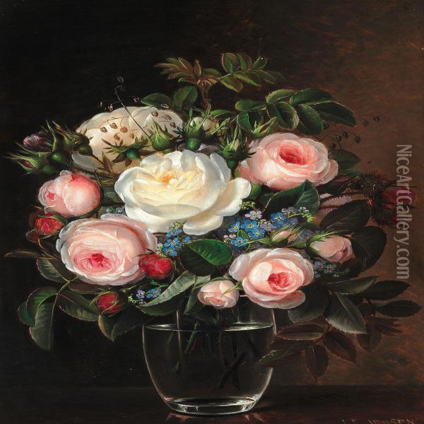 Pink And White Roses Together With Forget-me-nots In A Glass Vase Oil Painting - Johan Laurentz Jensen