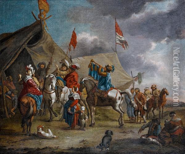Soldiers And Peasants Before A Militaryencampment Oil Painting - Pieter Wouwermans or Wouwerman