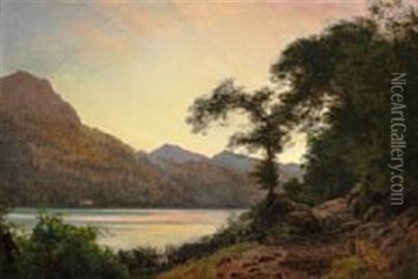 Summer Landscape With A View Over A Lake Oil Painting - Janus la Cour