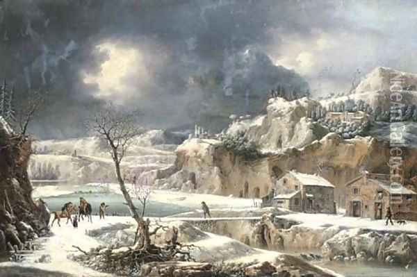 A winter landscape with travellers on horseback by a river Oil Painting - Francesco Foschi
