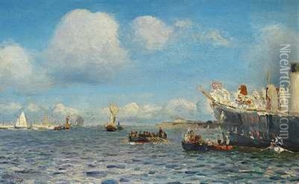 Sommerdag Pa Havet, I Forgrunden Et Russisk Orlogsskib Oil Painting - Holger Luebbers