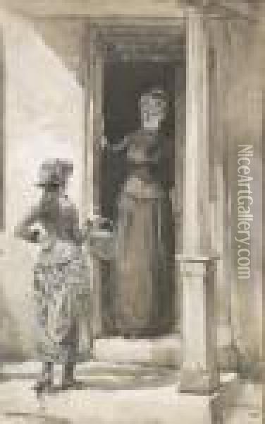 Three Drawings. Including Two Interior Scenes And One Depicting A Woman And A Young Lady In A Doorway. Oil Painting - William Thomas Smedley