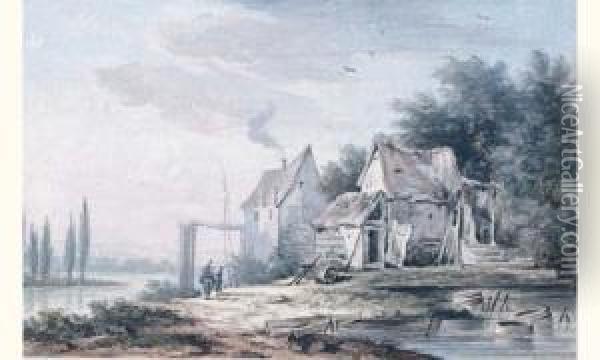 Chaumiere Au Bord De La Riviere Oil Painting - Louis-Gabriel Moreau the Elder