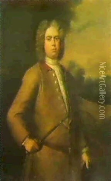 Portrait Of John Sutton, Threequarter Length, In A Buff Coatand White Stock, Holding A Crop And A Riding Hat Oil Painting - Michael Dahl