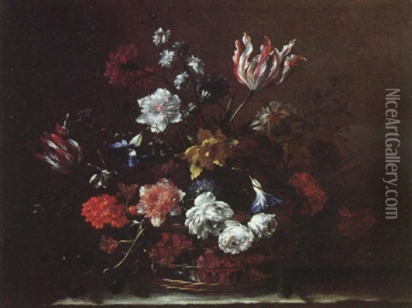 A Still Life Of Parrot Tulips Convolulus, Peonies And Other Flowers In A Basket On A Stone Ledge Oil Painting - Nicolas Baudesson