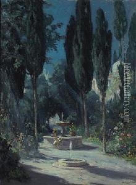 A Garden In Granada In The Moonlight Oil Painting - Colin Campbell Cooper
