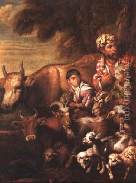 A Cowherd With His Two Sons And Livestock Oil Painting - Arcangelo Resani