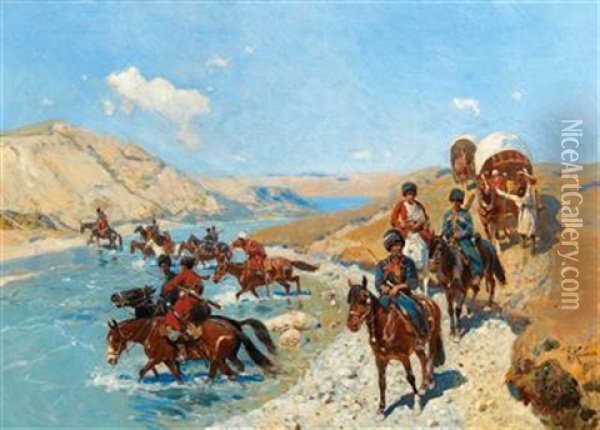 Crossing A Mountain River Oil Painting - Franz Roubaud