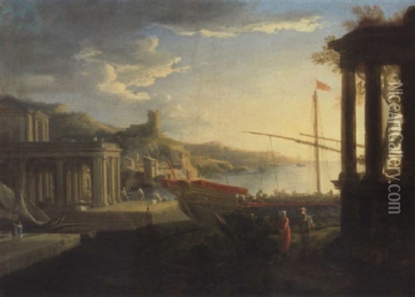 A Mediterranean Harbour With Figures Amongst Classical Ruins Oil Painting - Adrien Manglard