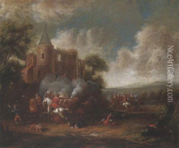 Cavalry Engagement Beneath A Ruined Castle Oil Painting - Barent Gael