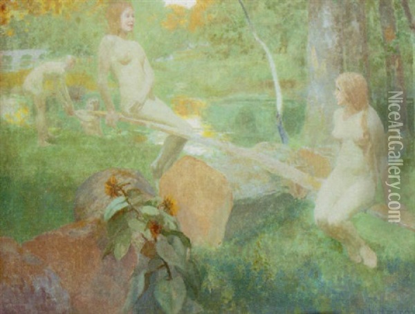 Nymphs Bathing In A Woodland Pool Oil Painting - Eduardo Leon Garrido
