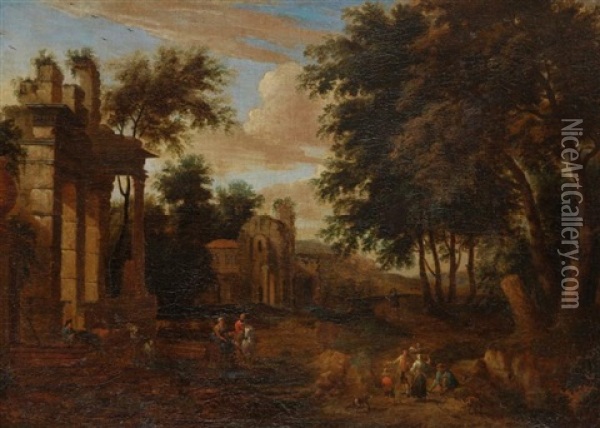 Paysans Devant Des Ruines Antiques Oil Painting - Mathys Schoevaerdts