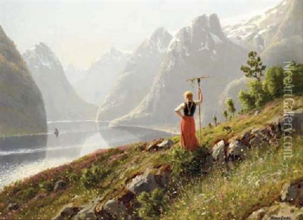 A Young Girl By A Norwegian Fjord Oil Painting - Hans Dahl
