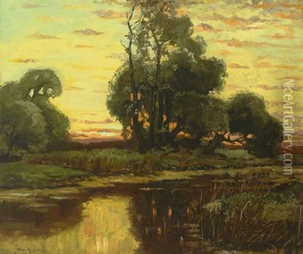 Abendliche Teichlandschaft Um Berlin Oil Painting - Konrad Alexander Mueller-Kurzwelly