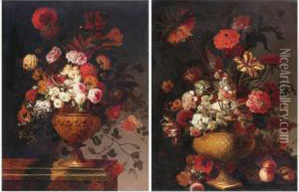Still Lifes Of Of Flowers In Elaborately Carved Vases: A Pair Of Paintings Oil Painting - Jean Baptiste Belin de Fontenay