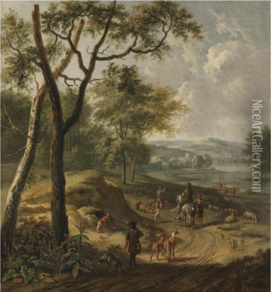 A Dune River Landscape With Huntsmen And A Shepherd On A Track Oil Painting - Jan Wijnants