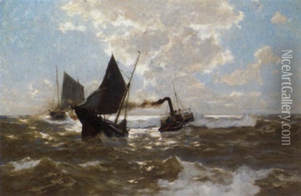 Towing Out Against The Ebb Tide Oil Painting - Erwin Carl Wilhelm Guenther