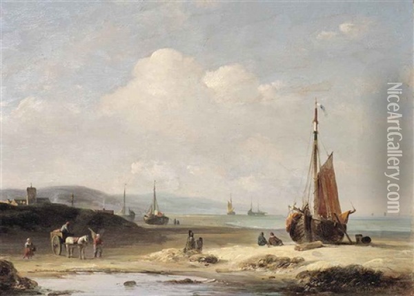 A Coastal Scene With Fisherfolk And Bomschuiten Oil Painting - Desire Donny