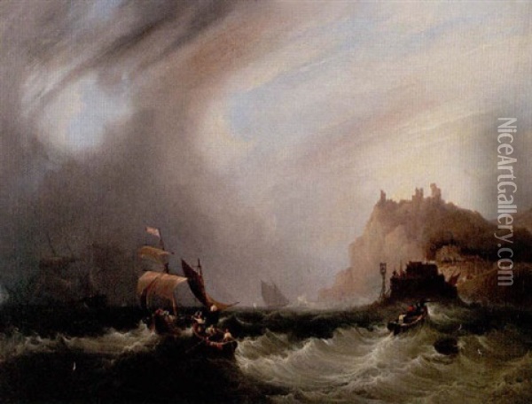 Stormigt Hav Med Batar - Kustvy Oil Painting - Frederick Calvert