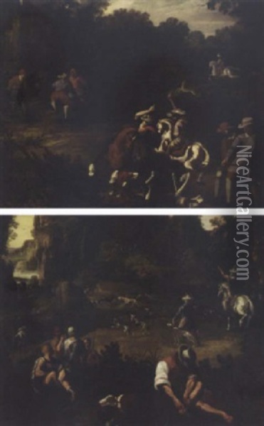 A Deer Hunt In A Landscape Oil Painting -  Pozzoserrato