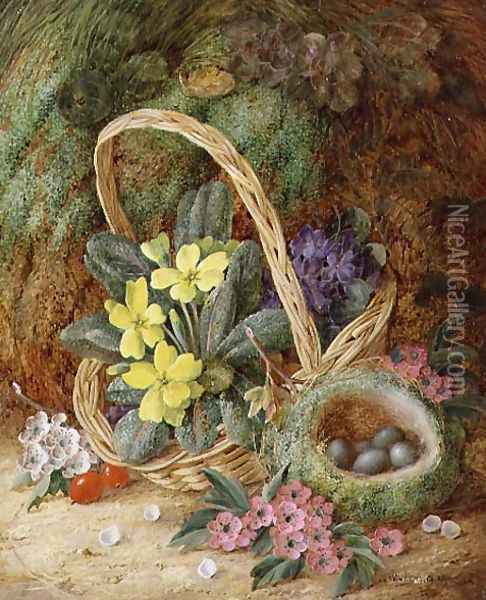 Still Life with Primroses and a Bird's Nest Oil Painting - Vincent Clare