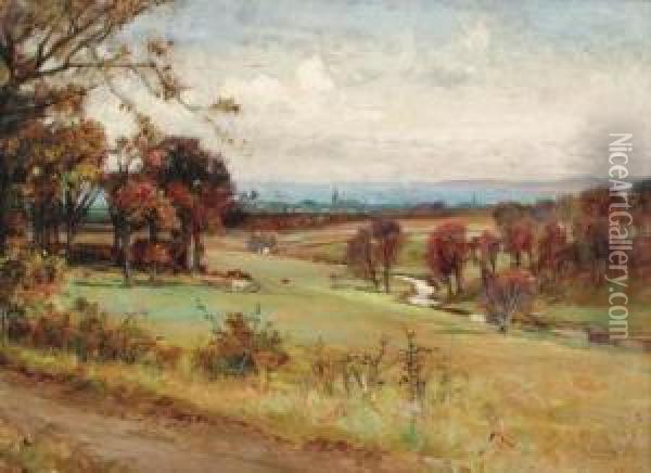 A Scottish River Landscape With A City Beyond Oil Painting - George Gray