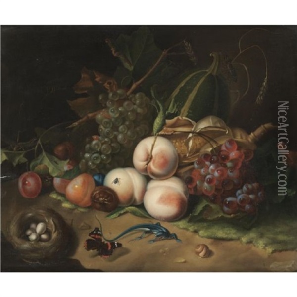 A Forest Floor Still Life With Horse Chestnuts, Peaches, Grapes, A Bird's Nest And A Lizard Oil Painting - Rachel Ruysch