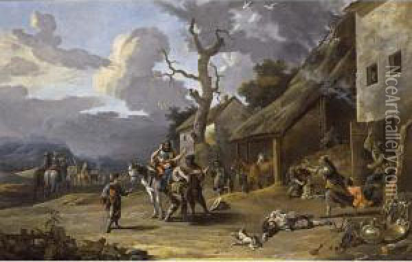 Mercenaries Plundering A Village Oil Painting - Anton Goubau