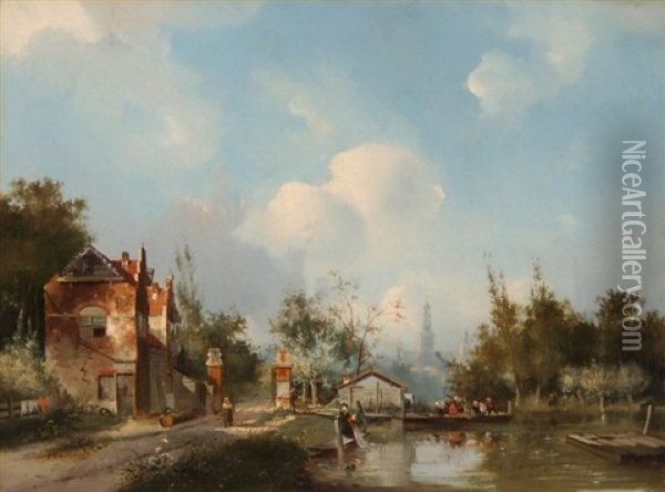 Kanallandschaft Vor Einer Stadt Oil Painting - Adrianus David Hilleveld