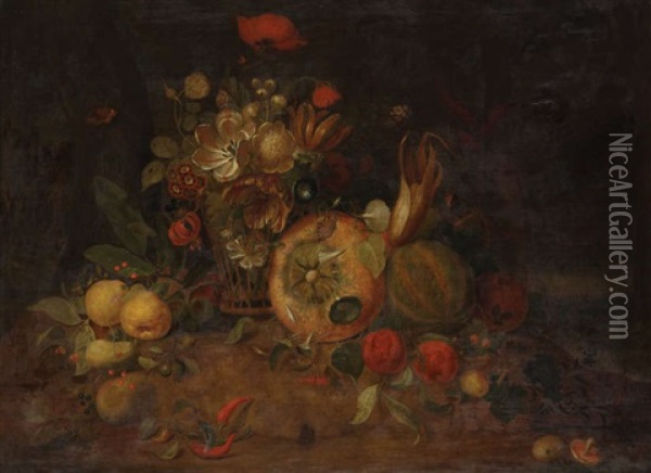 Nature Morte Avec Corbeille De Fleurs, Potiron, Poires, Tomates, Melon, Mais Et Piments Oil Painting - Martin Van Dorne