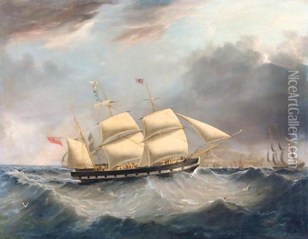 A British Barque, Probably The Earl Of Stanhope, In Two Positions In A Heavy Swell Off Table Mountain, South Africa Oil Painting - Joseph Heard