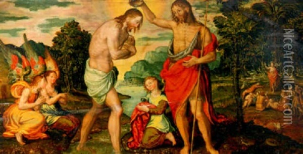 Taufe Christi In Weiter Landschaft Oil Painting - Herri met de Bles